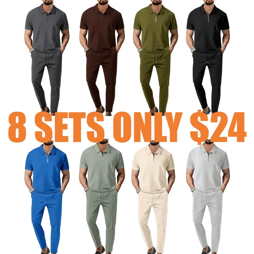 Men's Solid Textured Long Sleeve Polo Shirt & Drawstring Waist Pants Set