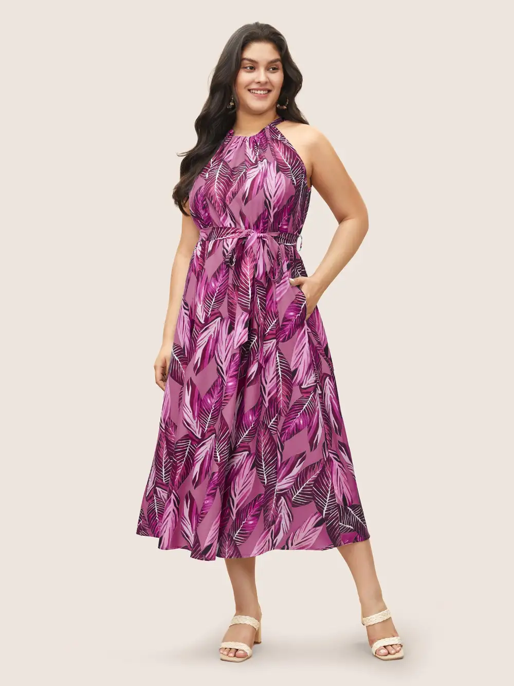 Tropical Print Knotted Pocket Ruffles Belted Halter Dress