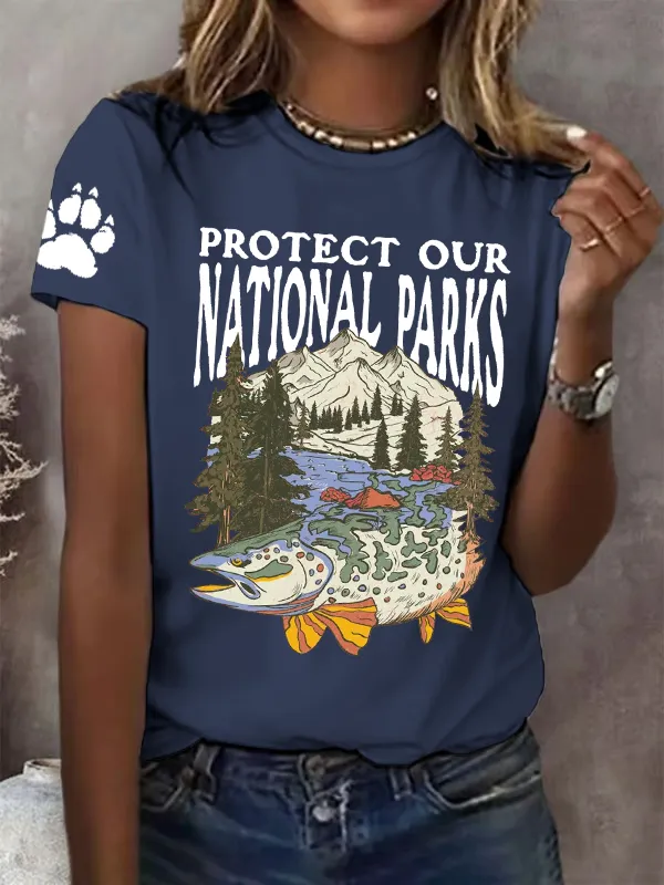 Women'S T-Shirt Women Protect Our National Parks Printed Crewneck T-Shirt Pure Cotton Casual