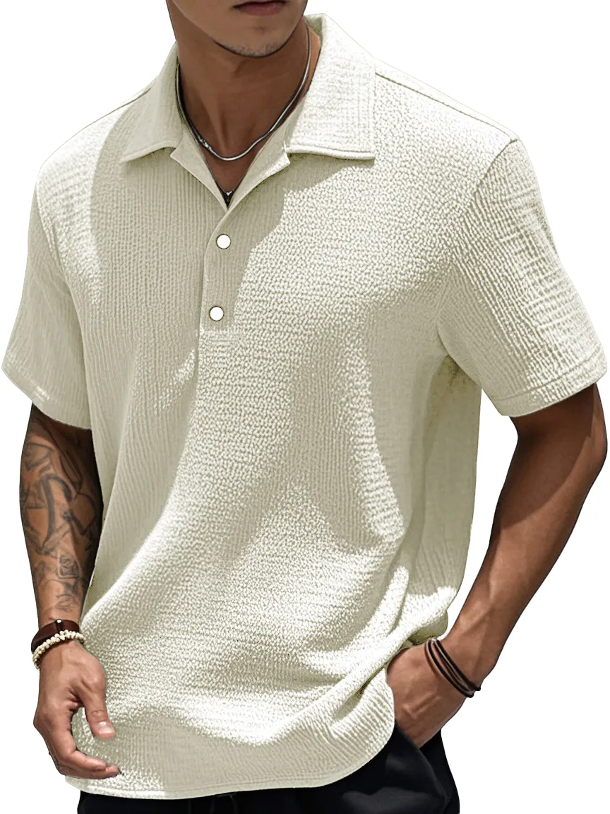  Men's Fashion Retro Pleated Fabric Short-sleeved Polo Shirt 