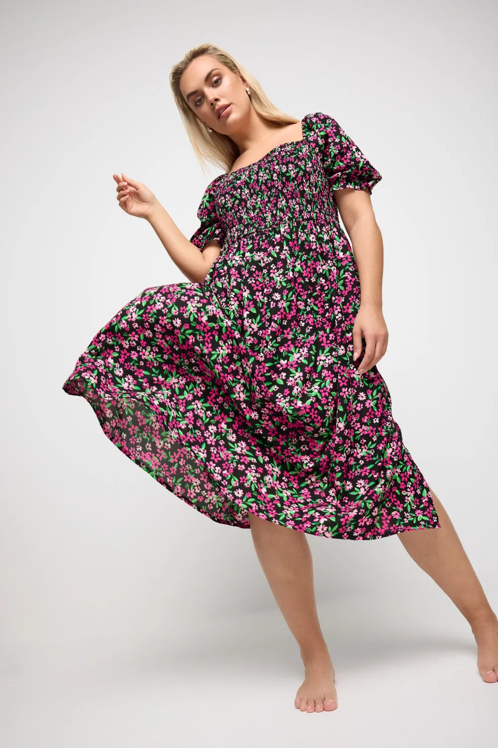 YOURS Curve Black Floral Print Shirred Midi Dress