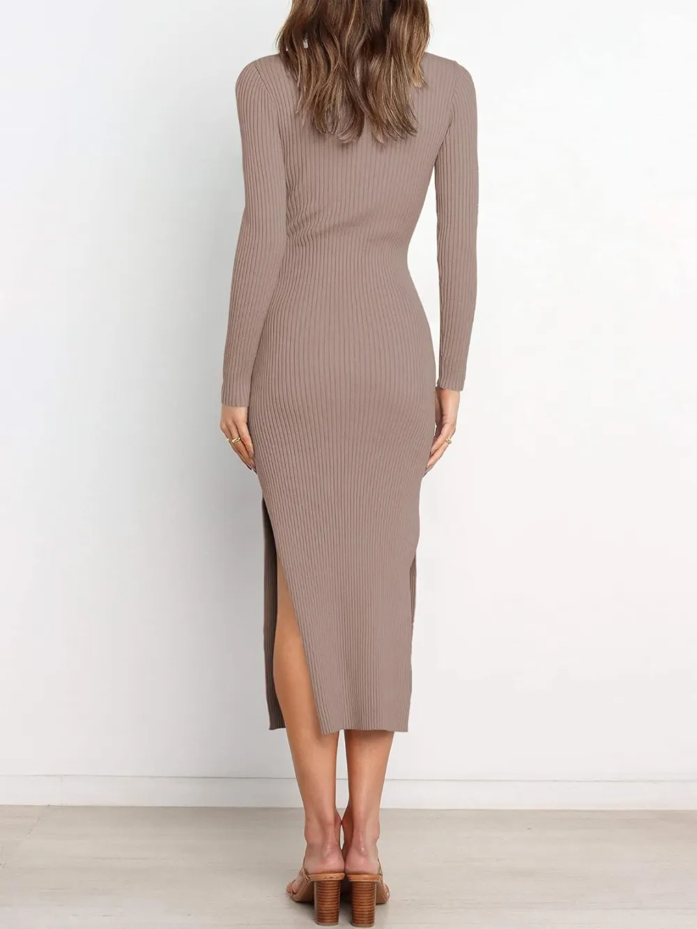 Long Sleeve Sweater Dress Crew Neck Slim Fit Slit Tie Waist 2024 Ribbed Knit Bodycon Midi Dress Fall Outfits