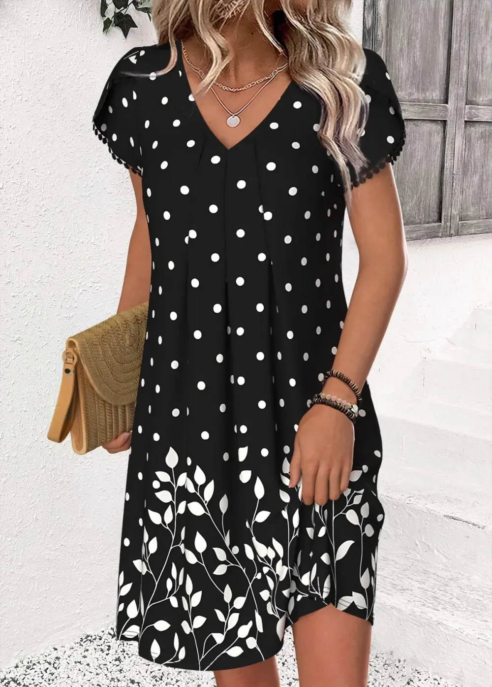 Black Polka Dot Short V Neck Dress