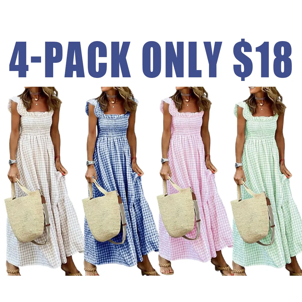 Women's Retro Plaid Smocked Flounce Maxi Dress – Spaghetti Strap