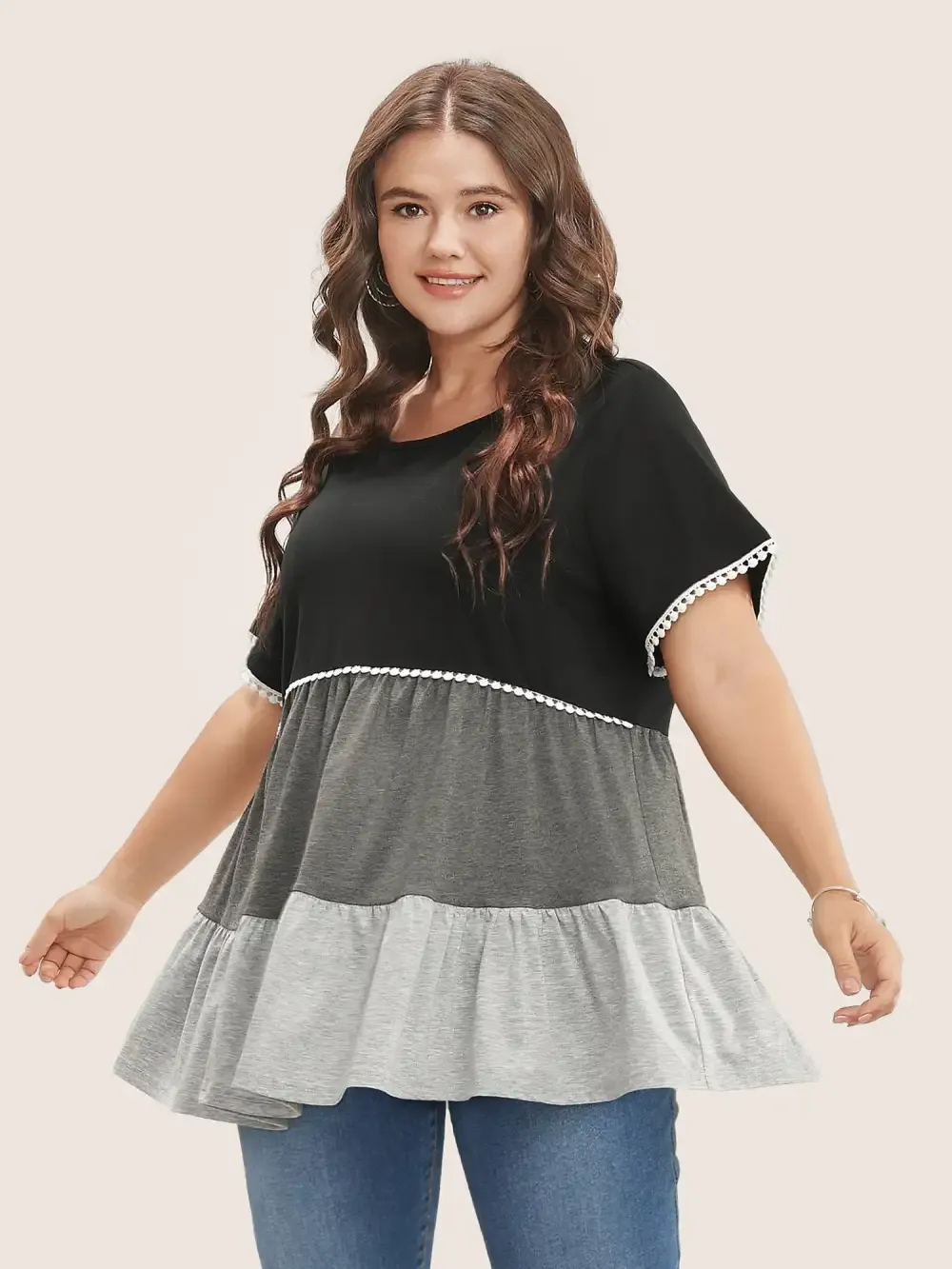 Colorblock Contrast Ruffle Tiered T-Shirt