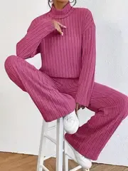 Two-Piece Outfit Set - Soft Solid Ribbed Fabric, Flattering Mock Neck T-shirt, Flowy Wide Leg Pants for Casual Everyday Wear