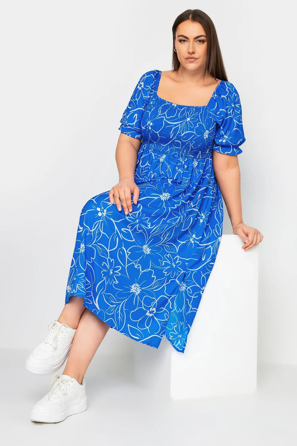 YOURS Curve Black Floral Print Shirred Midi Dress