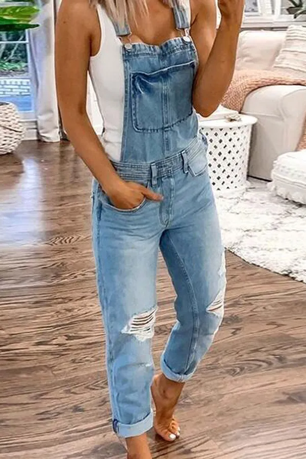 Casual Pocket Design Cut Out Denim Jumper Overalls