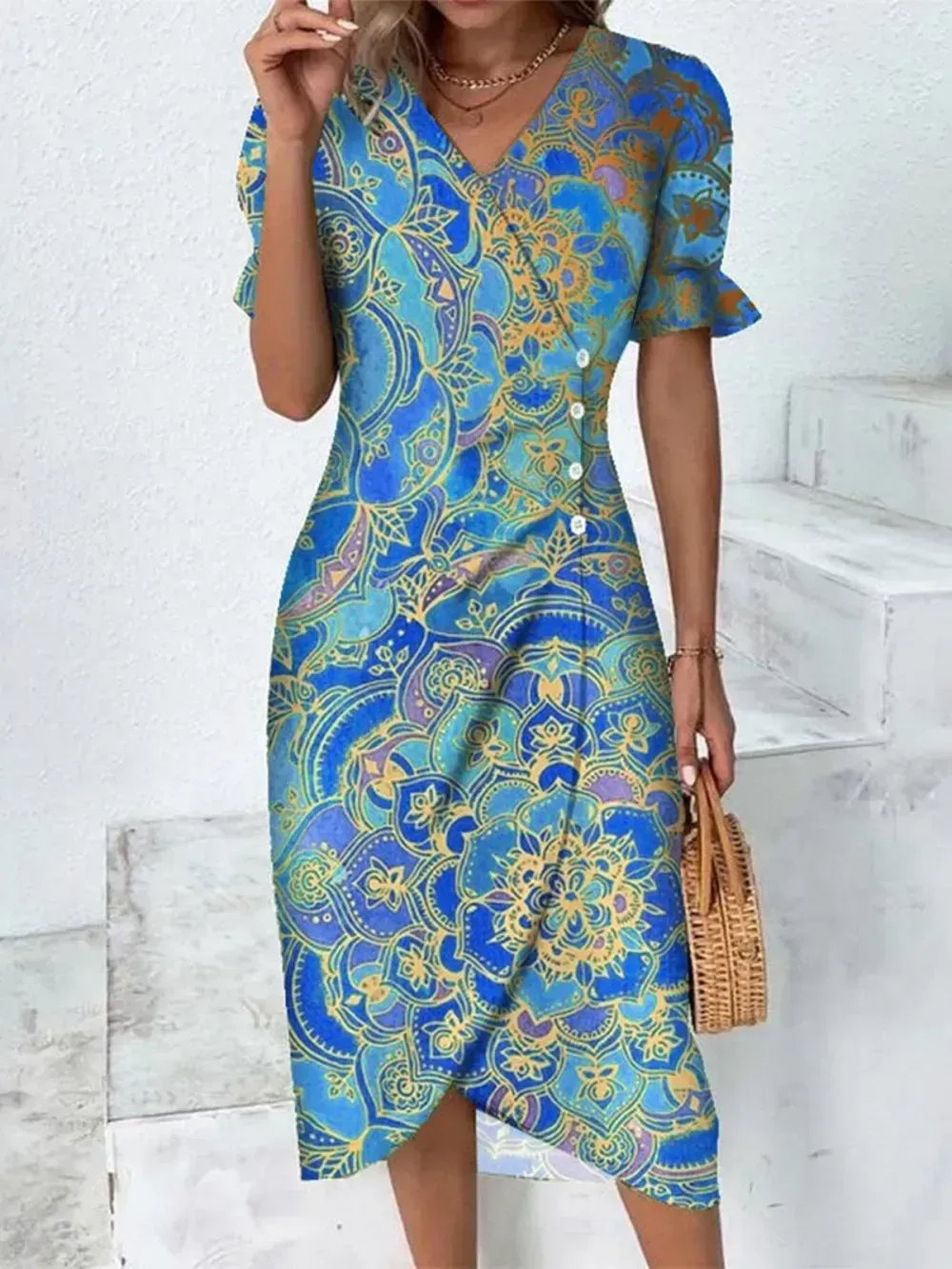 Ethnic V Neck Elegant Dress