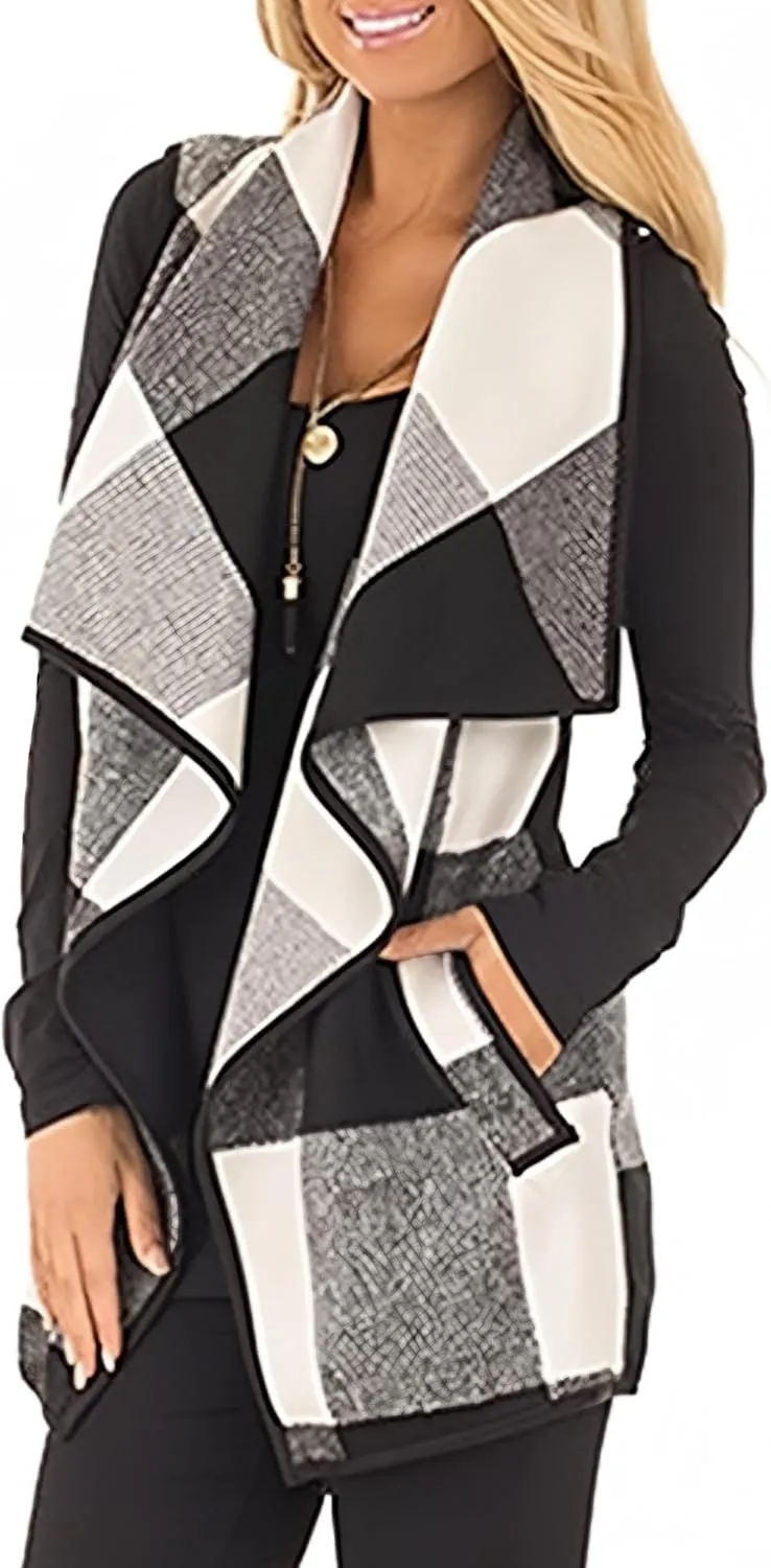 Womens Buffalo Plaid Vest Casual Lapel Open Front Sleeveless Cardigan Jacket Coat with Pockets