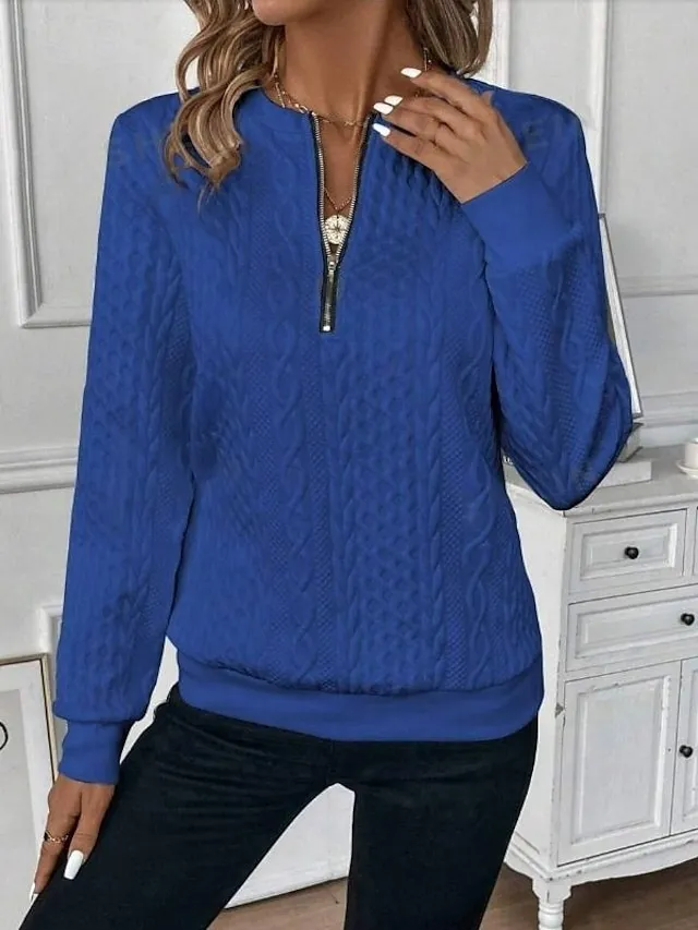 Women's Sweatshirt Plain Work Zipper Black White Pink Elegant Modern Loose Fit Crew Neck Long Sleeve Micro-elastic Spring Fall