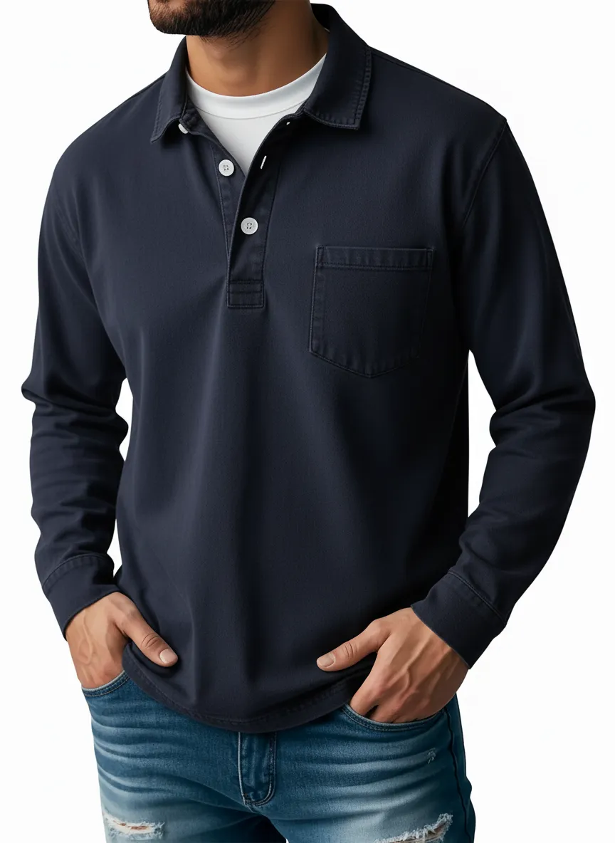 Men's Retro Lapel Button Pocket Casual Long Sleeve POLO Shirt