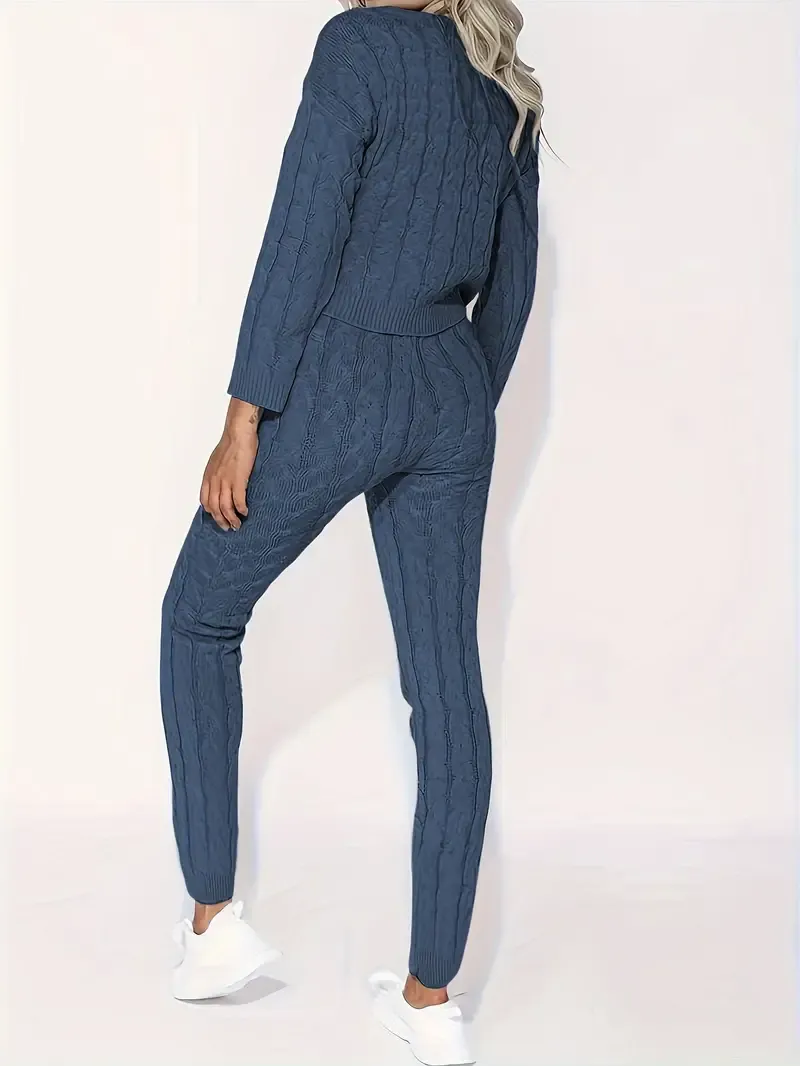 Solid Knitted Matching Two-piece Set, Casual Long Sleeve Sweater & Pants Outfits, Women's Clothing