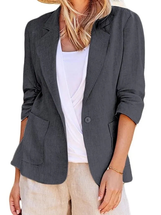 Lapel Collar Long Sleeve Plain Regular Loose Blazer For Women