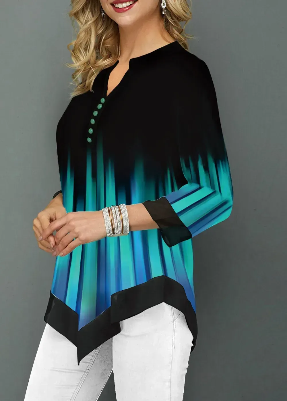 Cyan Patchwork Floral Print 3/4 Sleeve Split Neck Blouse