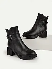 Women's Black Leather Ankle Boots - Warm Fur Lined Mid Heel Winter Booties with Side Zipper and Buckle for Cold Weather, Work & Outdoor Wear