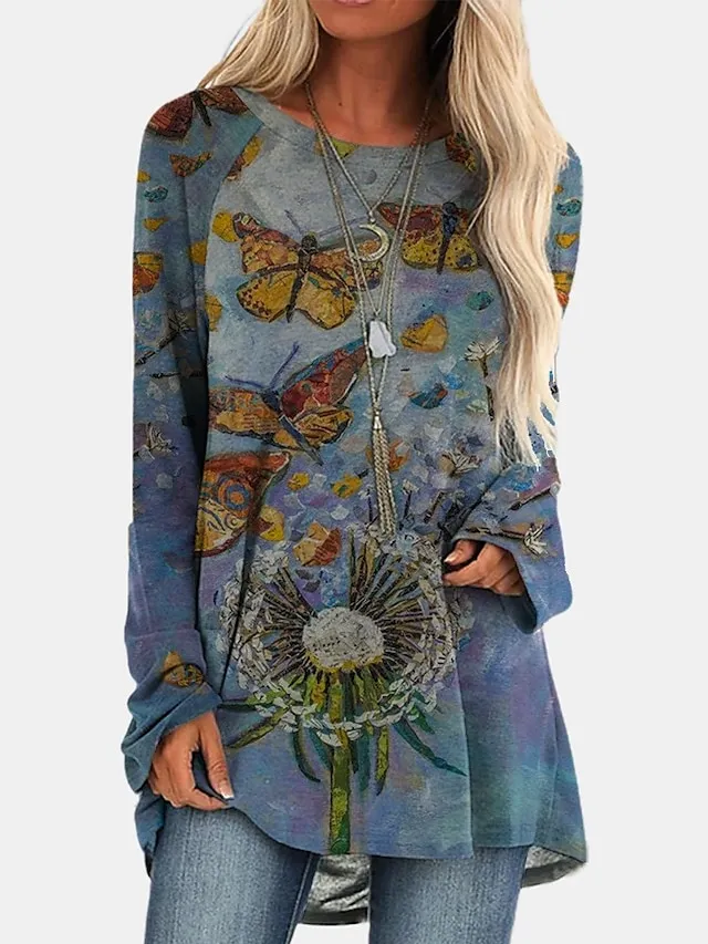 Women's T shirt Tee Burgundy Tee Tunic Shirts Marron Yellow Light Green Geometric Plaid Print Long Sleeve Casual Vintage Tunic Ethnic Round Neck Regular Fit Bohemian Theme Geometric Plus Size Fall