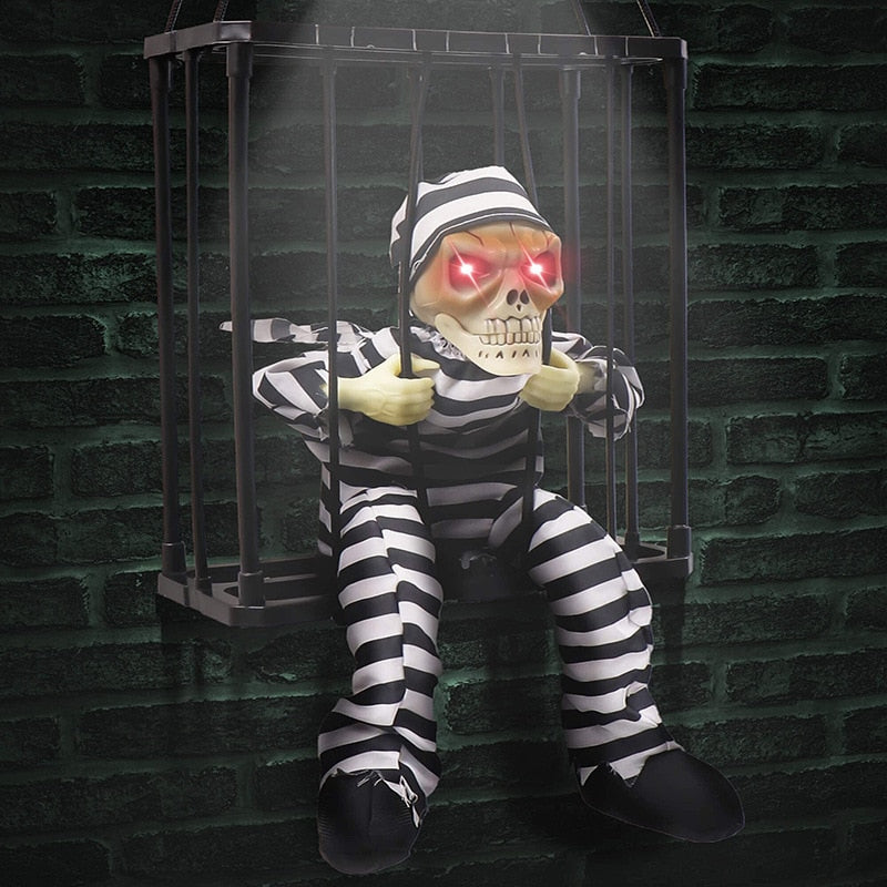 Screaming Animated Halloween Decorations Halloween Decor Prop Scary Skull Cage Prisoner Haunted House Decor, Ghost Light Up Eyes