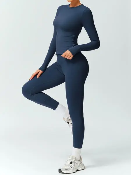 Women's Solid Color Tracksuit Set- Long Sleeve Tee & Leggings