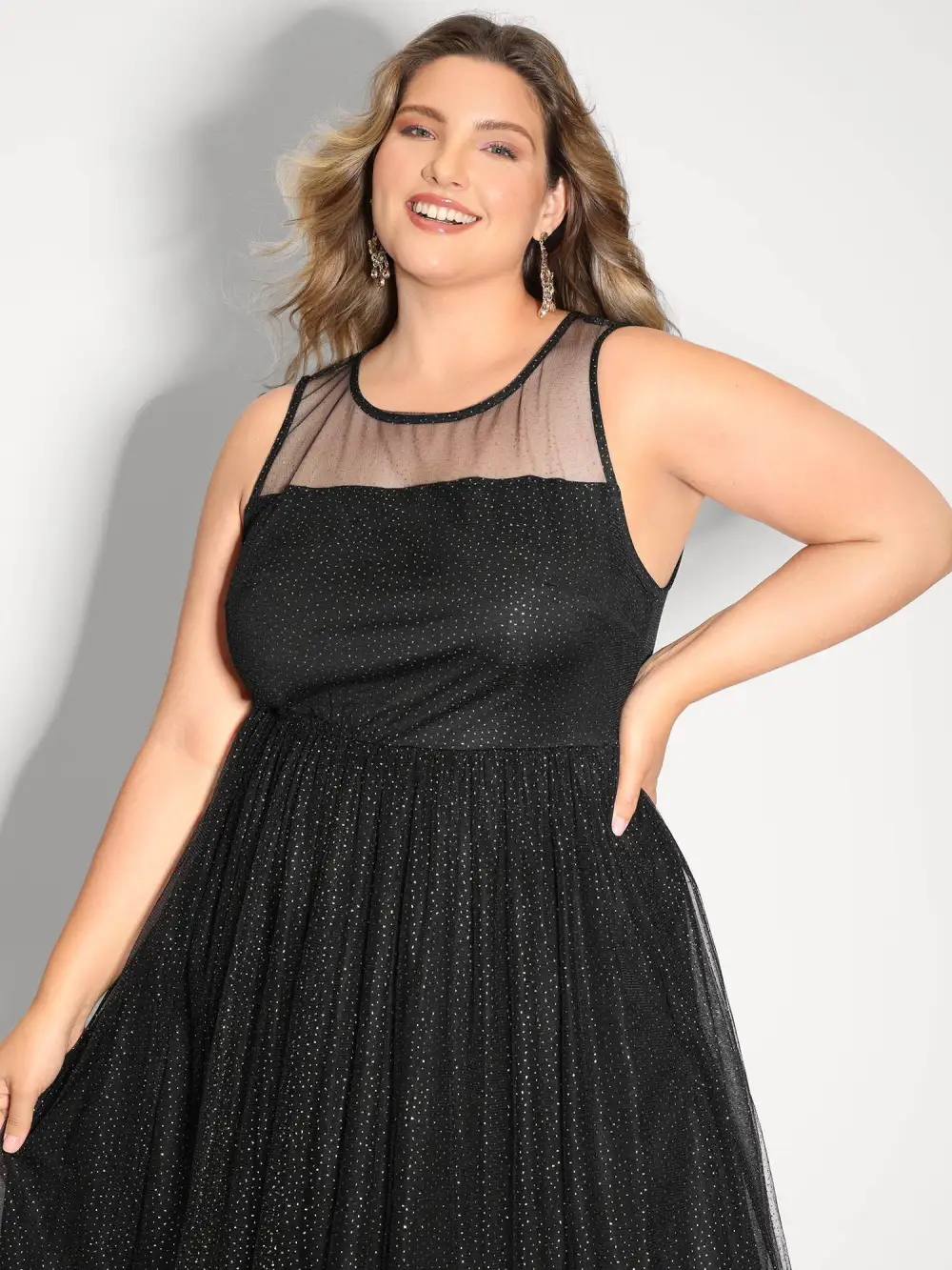 Shimmery Sheer Neckline Flowy Maxi Dress