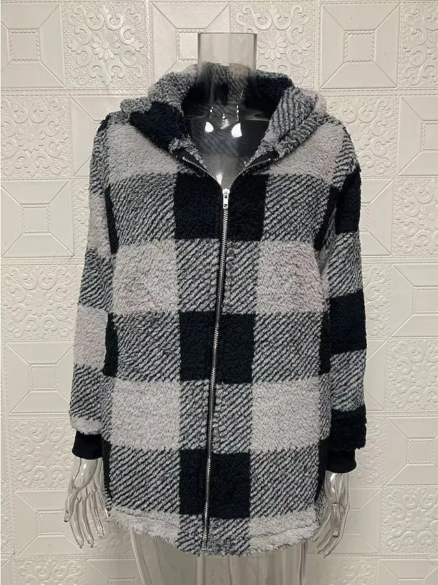 Women's Fleece Jacket Fleece Basic Pocket Zip Up Black Light Green Red Plaid Street Casual Hoodie Long Sleeve Top Micro-elastic Fall & Winter