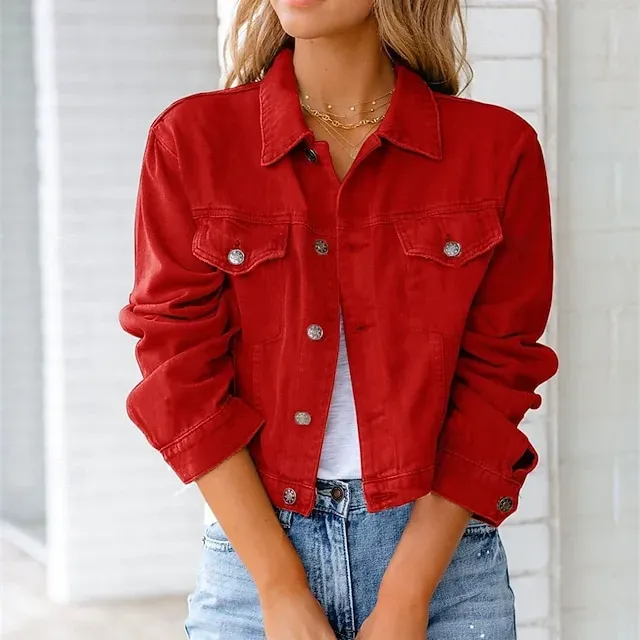 Women's Denim Jacket Comfortable Pocket Buttons Elegant Fashion Outdoor Plain Going out Casual Daily Weekend Cardigan Regular Lapel Regular Fit Long Sleeve Outerwear Black White Yellow Spring Fall