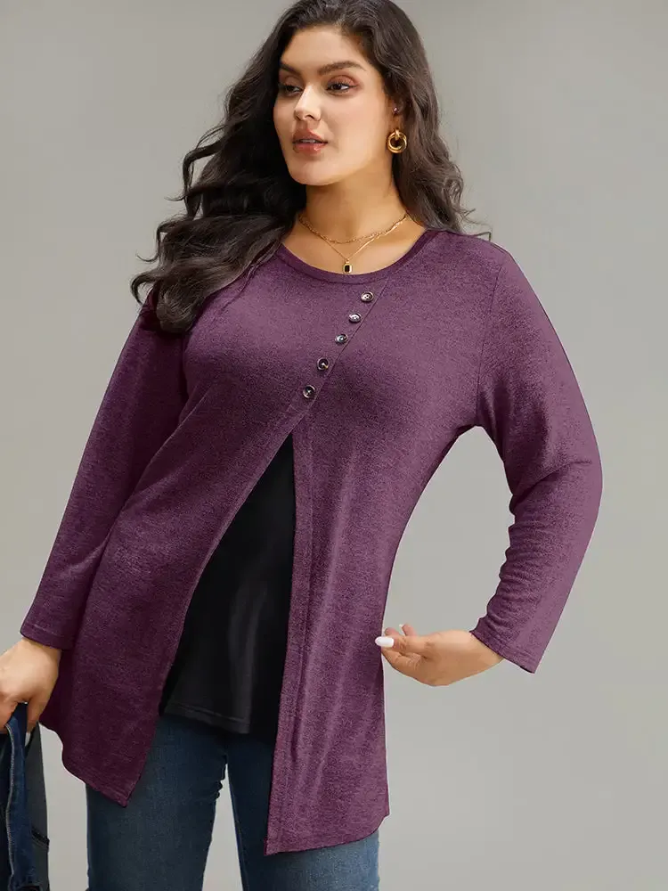 Contrast Patchwork Crew Neck Button Detail T-Shirt