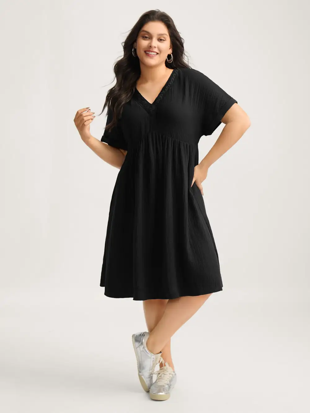 Pure Cotton Lace V-Neck Solid Midi Dress