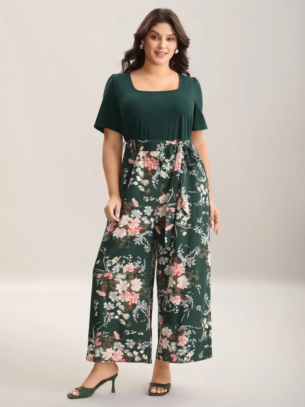 Color Contrast Belted Panel Pockets Jumpsuit