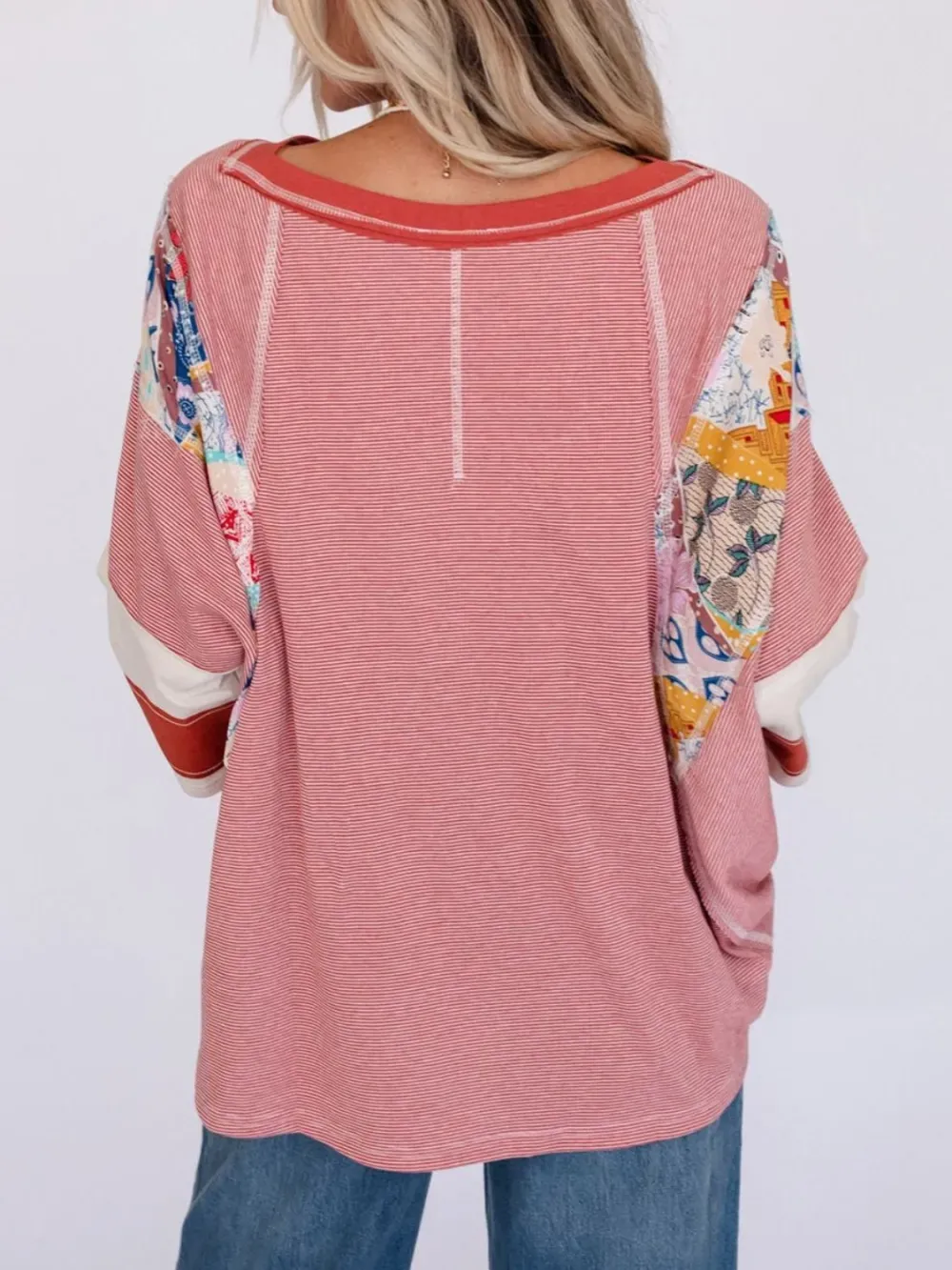 ✨Women's Casual Striped Floral Print Patchwork Oversized 3/4 Sleeve Top