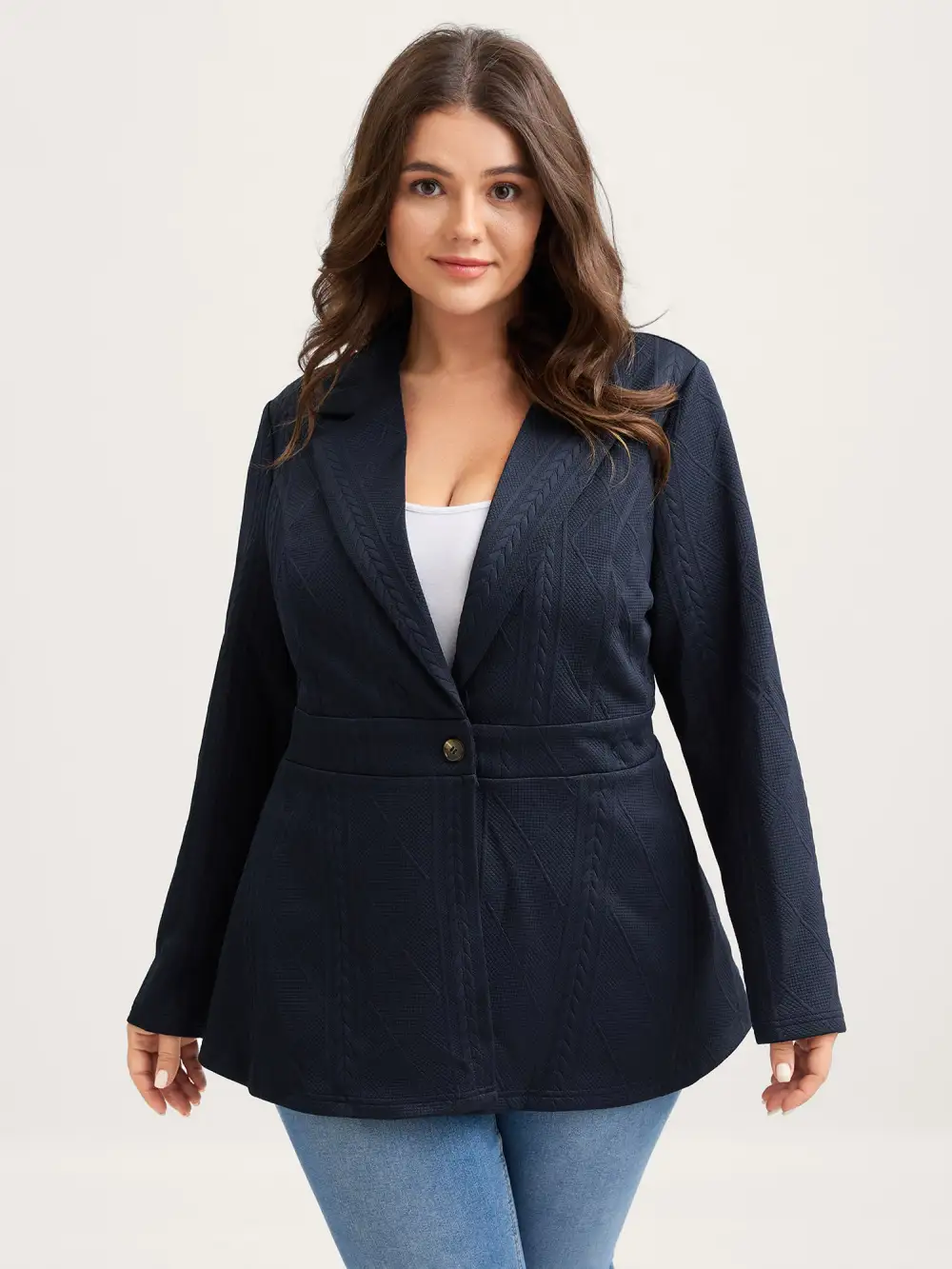 Textured Waist-Defining Solid Blazer