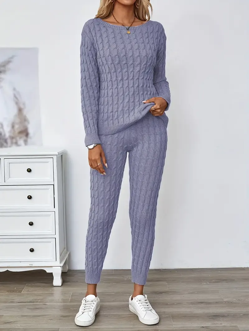 Solid Knitted Matching Two-piece Set, Casual Long Sleeve Sweater & Pants Outfits, Women's Clothing