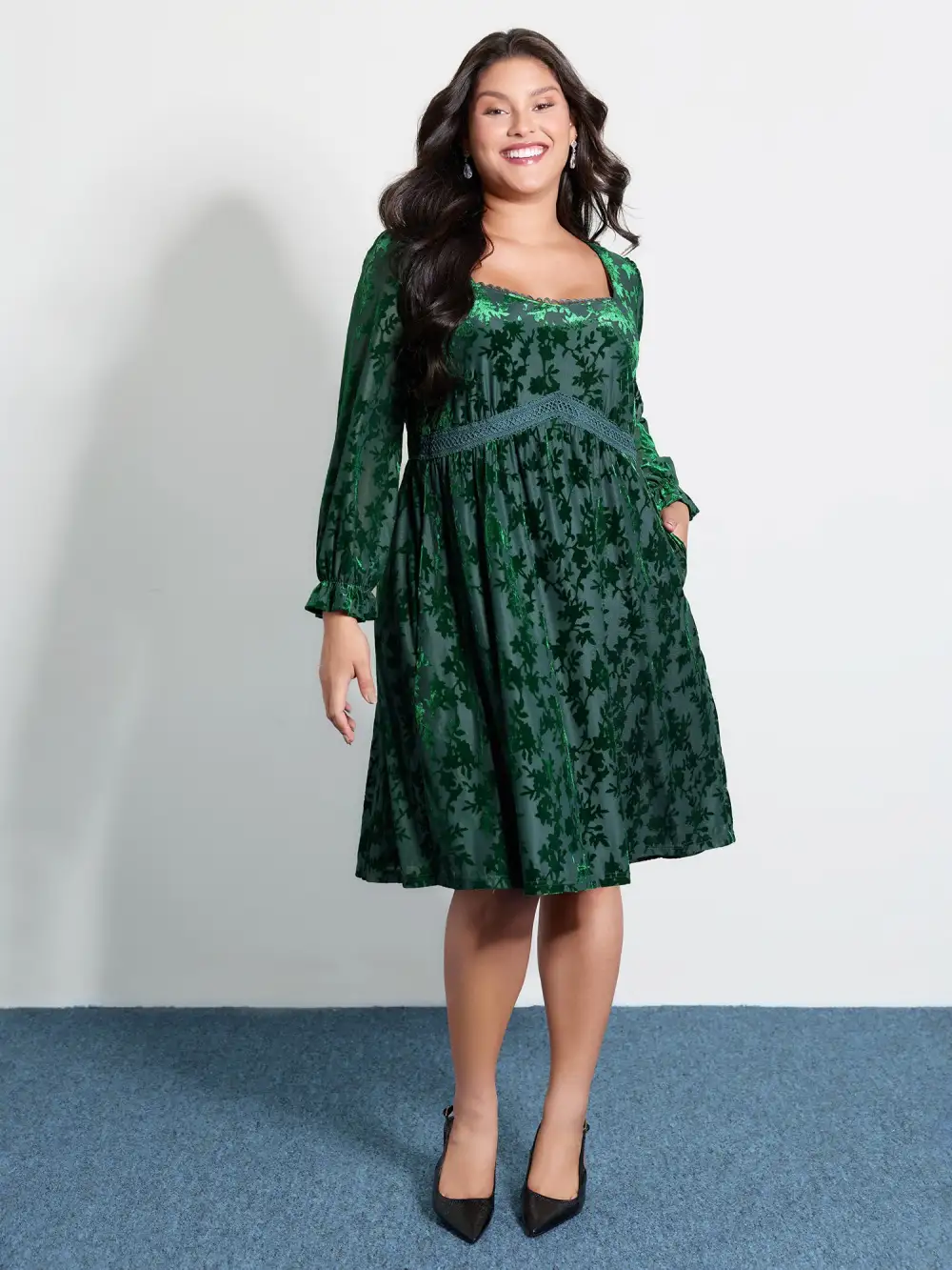 Velvet Floral Print Lace Pockets Party Dress