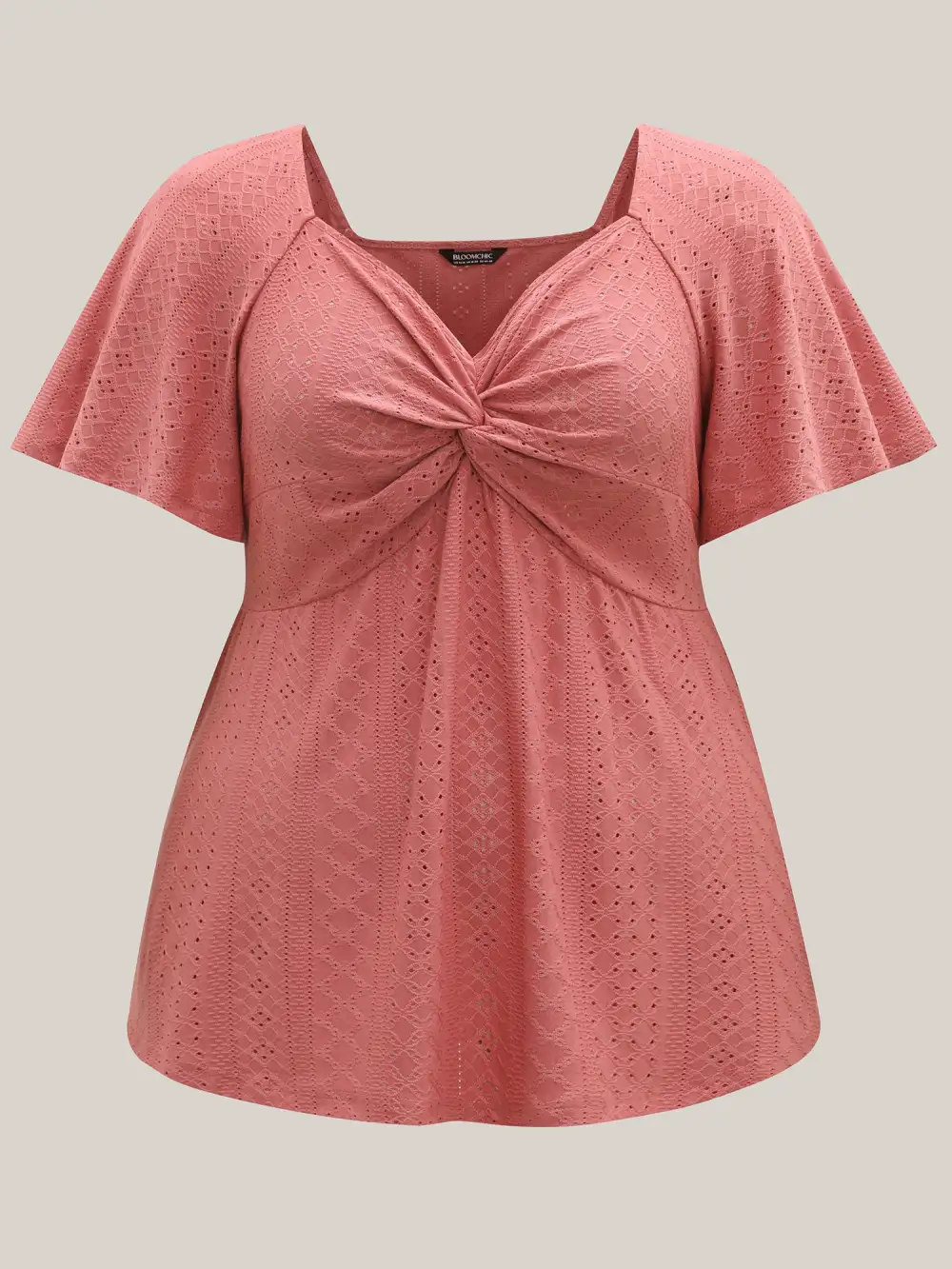 Textured Front-Twist Eyelet Trim Plain Top