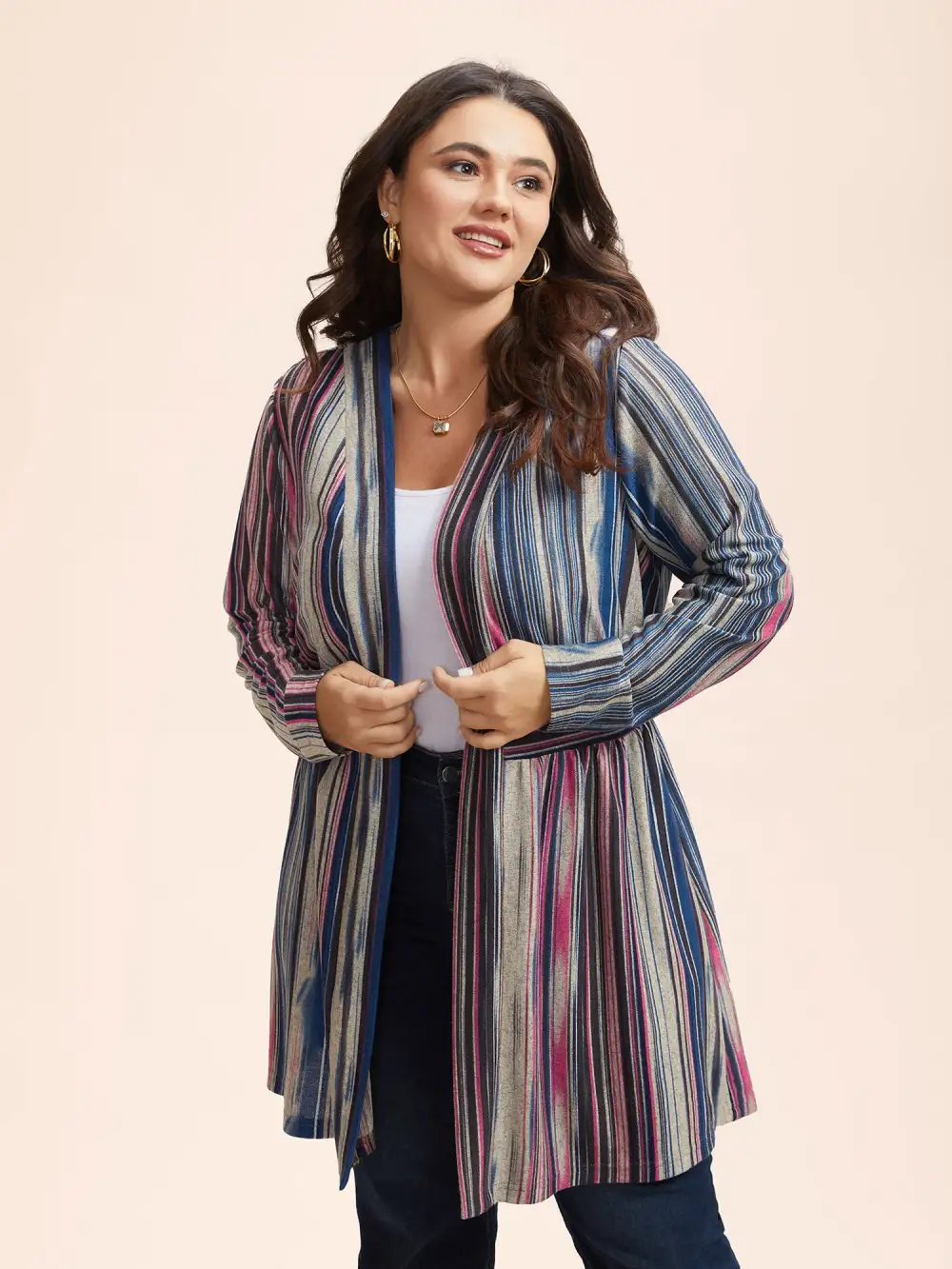 Colored Striped Open Front Waist Defining Jacket