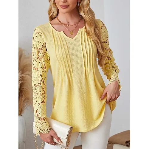 Women's Blouse Textured Ribbed Solid Color Eyelet Daily Elegant Stylish Puff Sleeve Long Sleeve