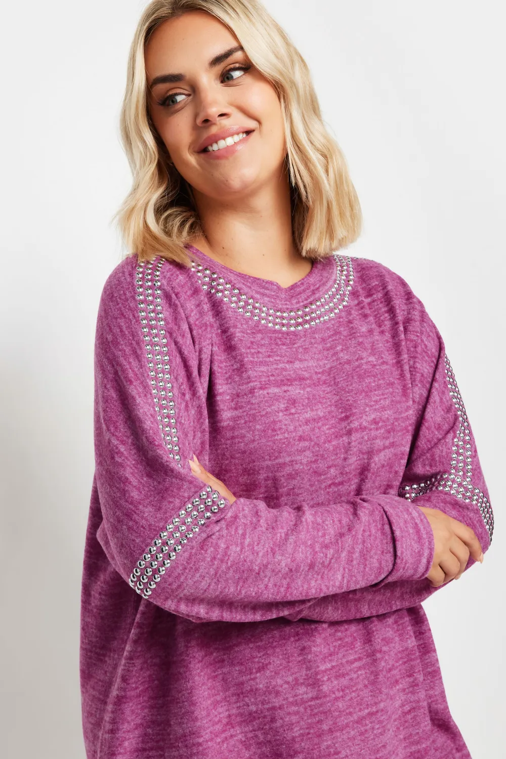 YOURS Curve Grey Stud Neckline Embellished Jumper