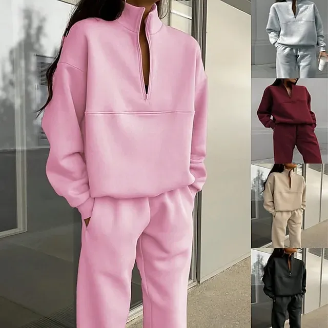 Women's Fashion Streetwear Pants Sets Bolero Top Long Sleeve V Neck Solid Color Outdoor Work Casual Black Pink Red Fall Loose Fit