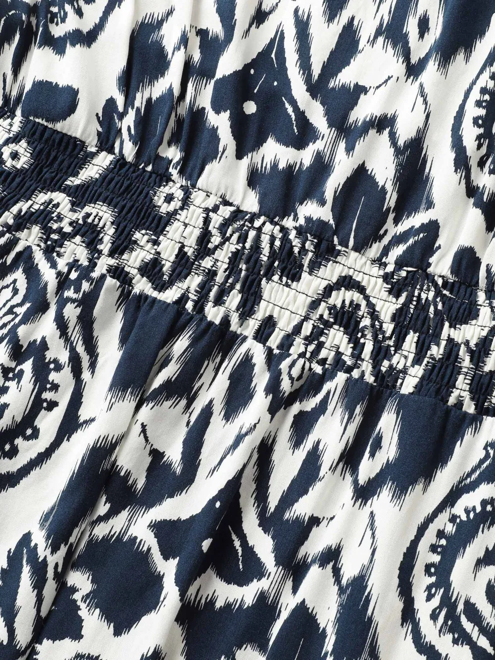 Boho Print Mock Neck Shirred Ruffle Cap Sleeve Dress