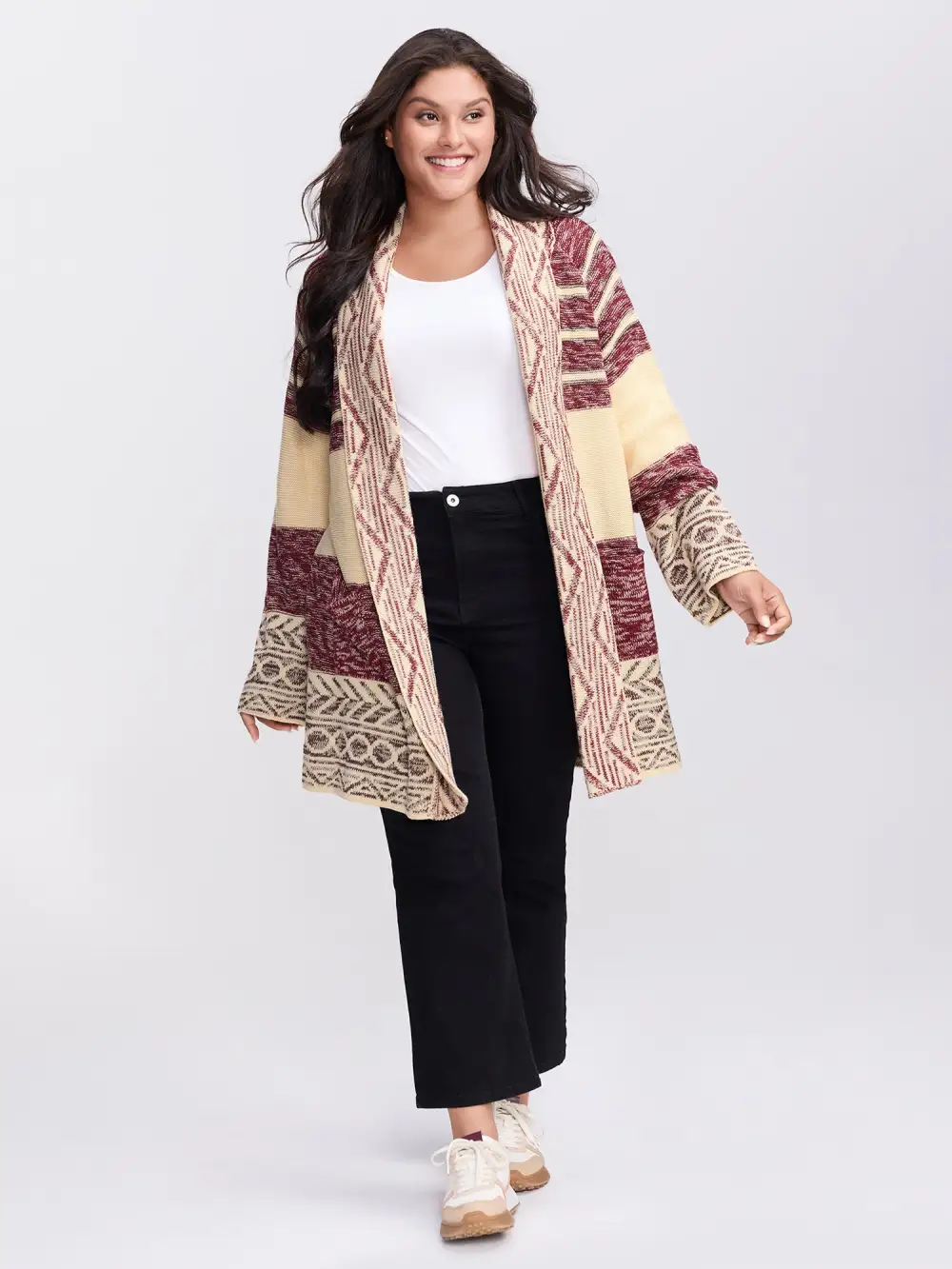 Boho Striped Jacquard Open-Front Knit Cardigan