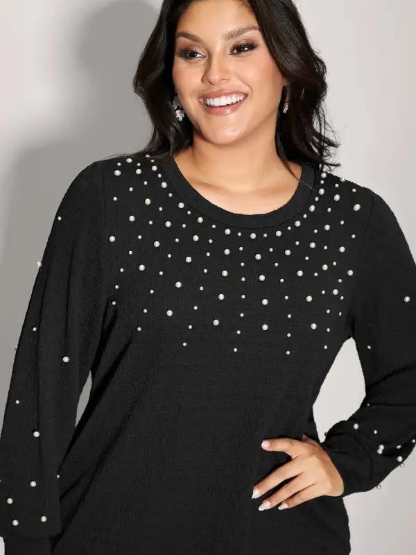 Beaded Round Neck Solid Sweatshirt