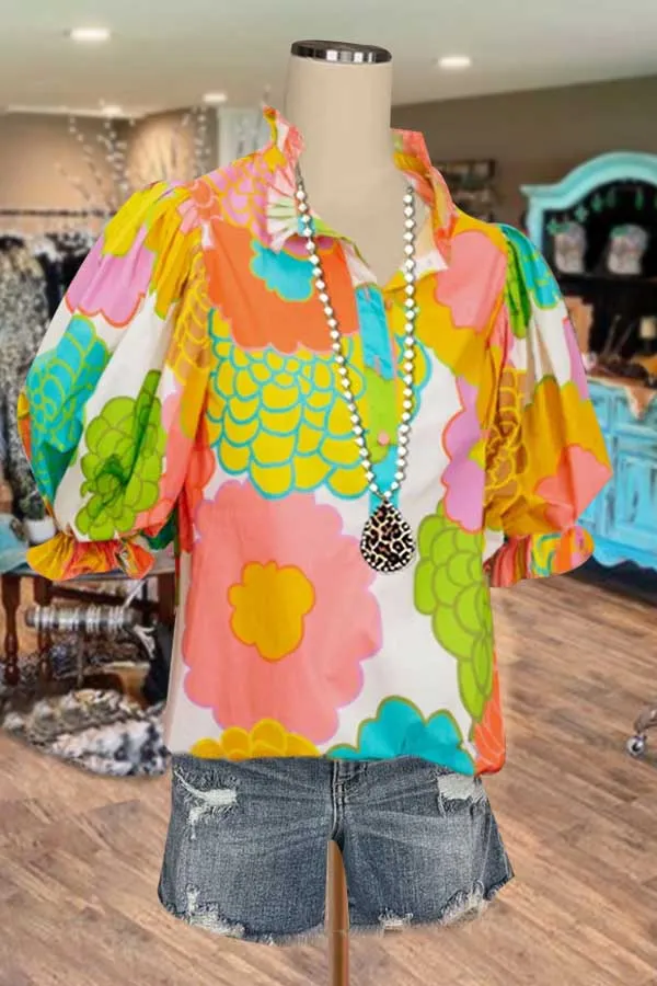 Floral Print Puff Sleeve Ruffle Collared Top