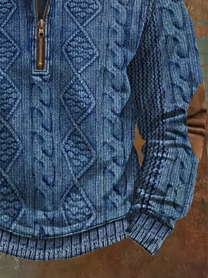 Men'S Casual 1/4 Zipper Half Stand Collar Retro Print Long Sleeve Sweatshirt