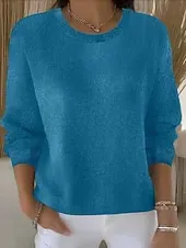 Women's Sweater Fashion Streetwear Casual Pure Color Ribbed Crew Neck Knitted Long Sleeve Regular Tops Knit Outdoor Daily Weekend Yellow Pink Fall Winter