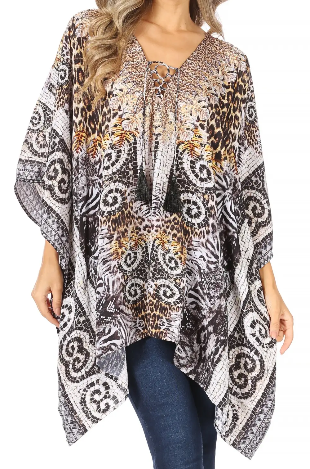 Women's Caftan Poncho Cover up V neck Top Lace up With Rhinestone