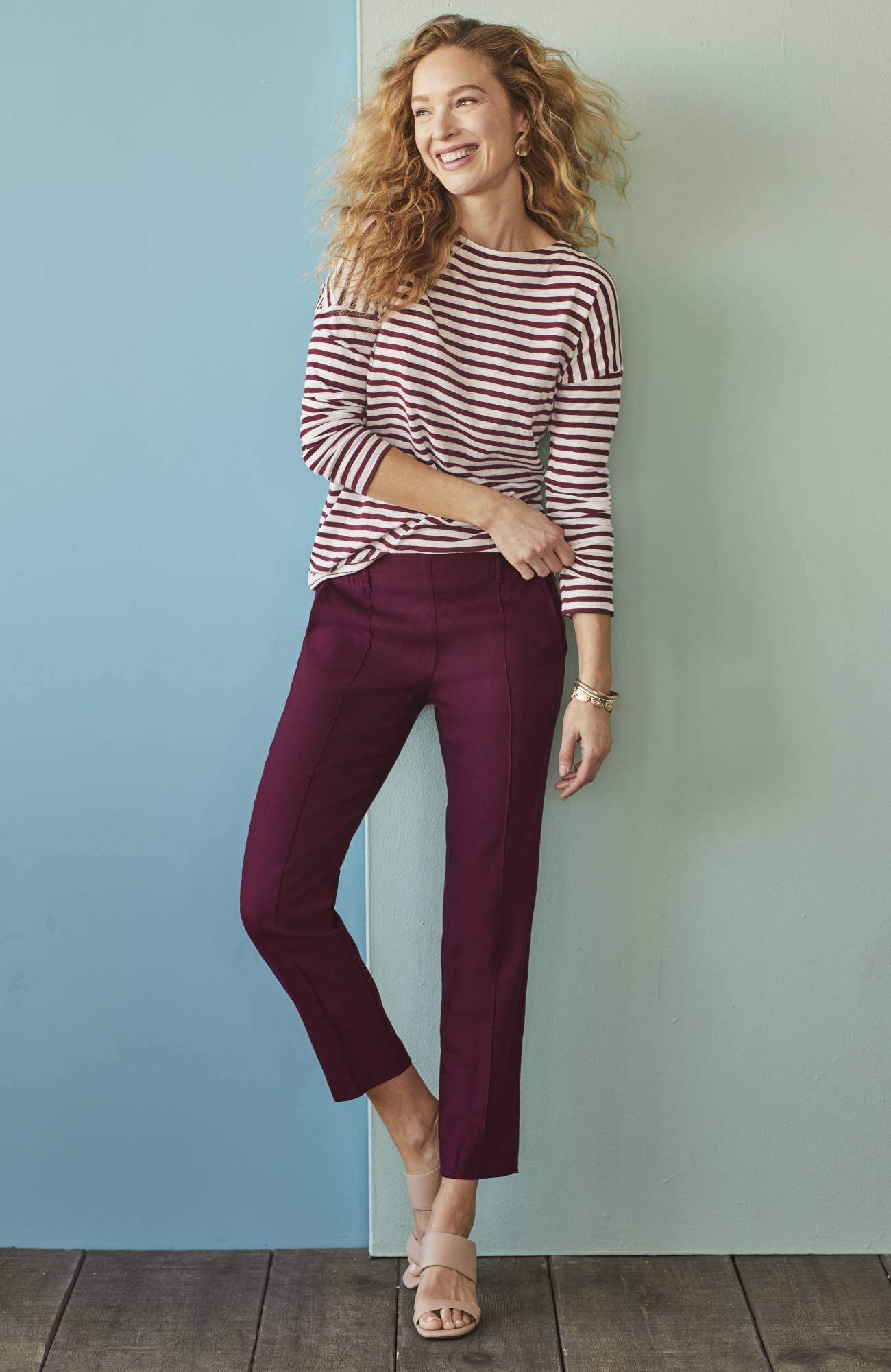 Pintucked Linen-Stretch Slim-Leg Pants