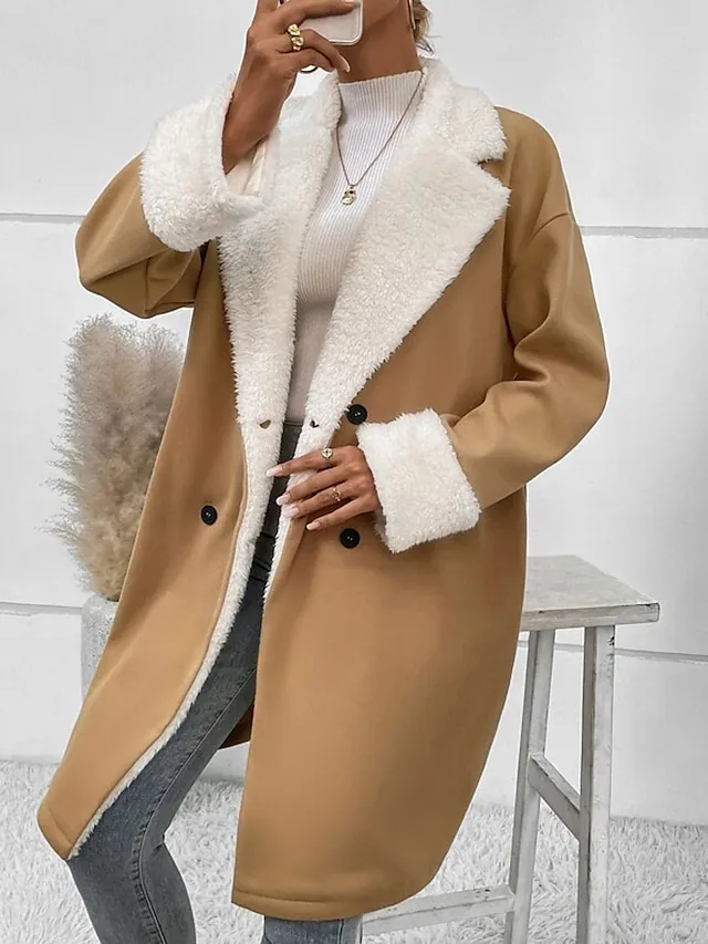 Women's Coat Warm Breathable Outdoor Casual Daily Wear Button Double Breasted Turndown Fashion Daily Modern Solid Color Regular Fit Outerwear Long Sleeve Fall Winter Khaki S M L XL 2XL