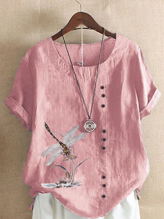 Women's Linen Shirt T shirt Tee Blouse White Pink Blue Floral Button Print Short Sleeve Daily Going out Weekend Streetwear Crewneck Regular Fit Summer Spring
