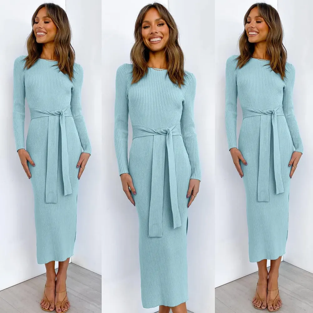 Long Sleeve Sweater Dress Crew Neck Slim Fit Slit Tie Waist 2024 Ribbed Knit Bodycon Midi Dress Fall Outfits