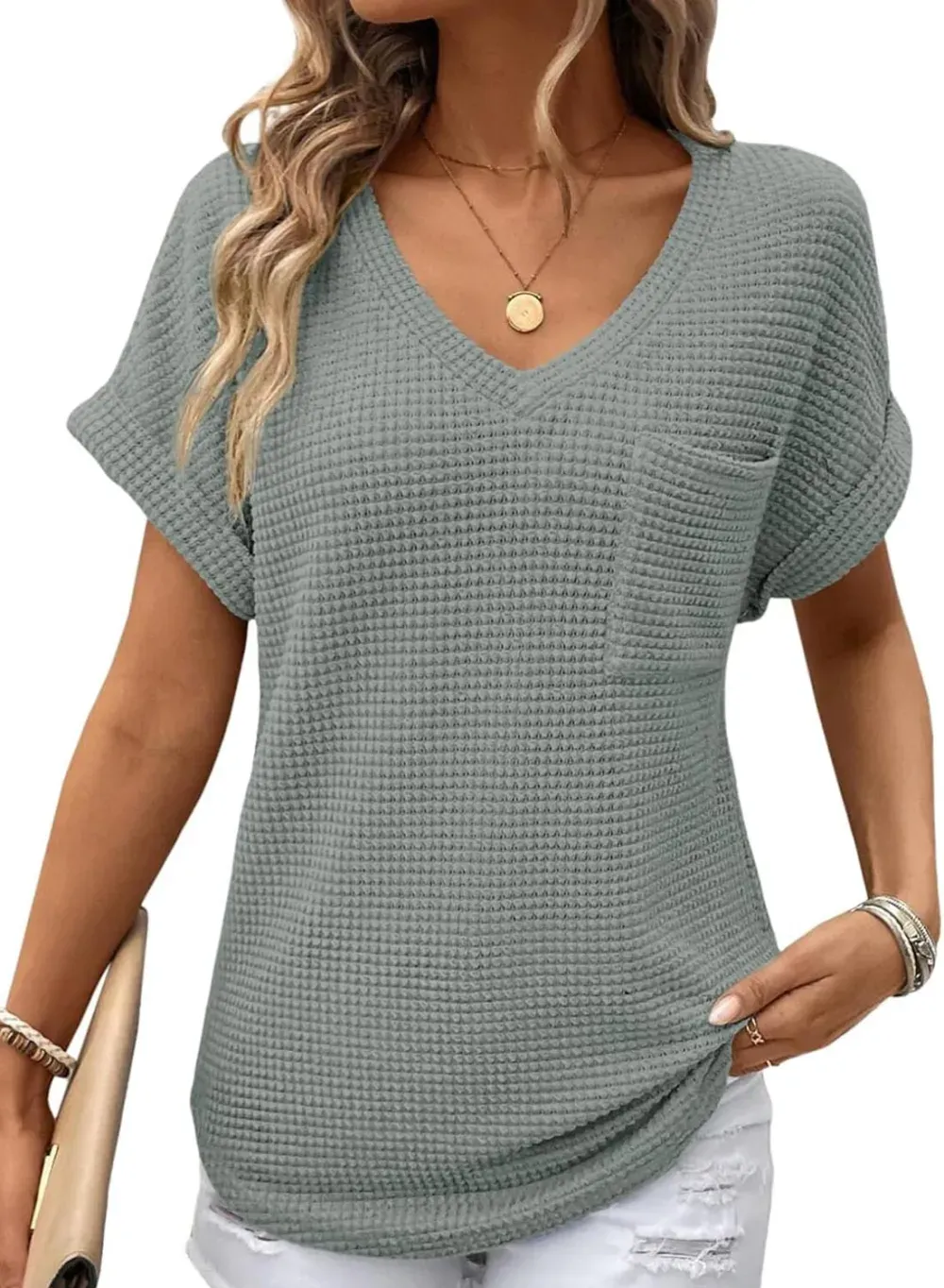 ✨Women's Oversized Waffle V Neck Short Sleeve Casual Top